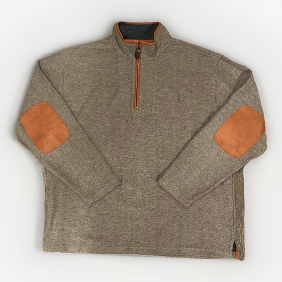 Orvis Cotton Blend Sweater 1/4 Zip Brown with Leather Trim Men's Size XL Casual - Picture 1 of 6